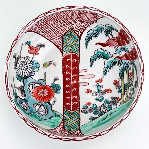 Japanese Imari Polychrome Vintage Meiji Period Flower Landscape Scene Arita Bowl - Picture 5 of 16